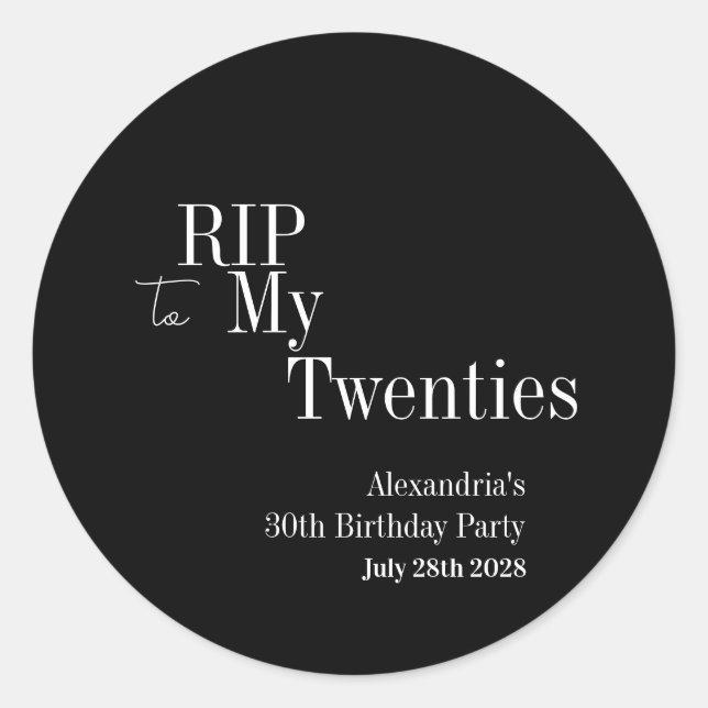 Sticker Rond 30e anniversaire RIP 20s Black and White Party (Devant)