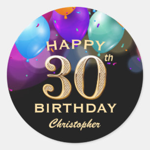 Sticker Rond 30e fête d'anniversaire Ballons noirs et or