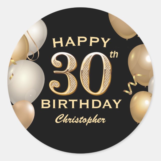 Sticker Rond 30e fête d'anniversaire Ballons noirs et or (Devant)