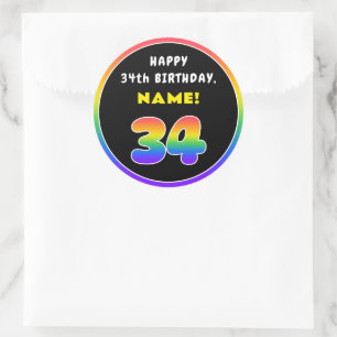 Sticker Rond 34e anniversaire : Arc-en-ciel coloré # 34, Nom pe