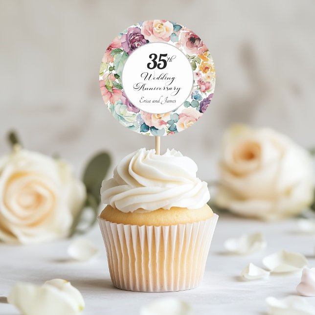 Sticker Rond 35e anniversaire de mariage élégant script floral (Créateur téléchargé)