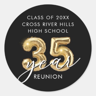 Sticker Rond 35e Classe Reunion Black Gold Balloons Confetti