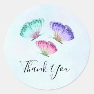 Sticker Rond 3 Joli Pastel Aquarelle Papillons Merci