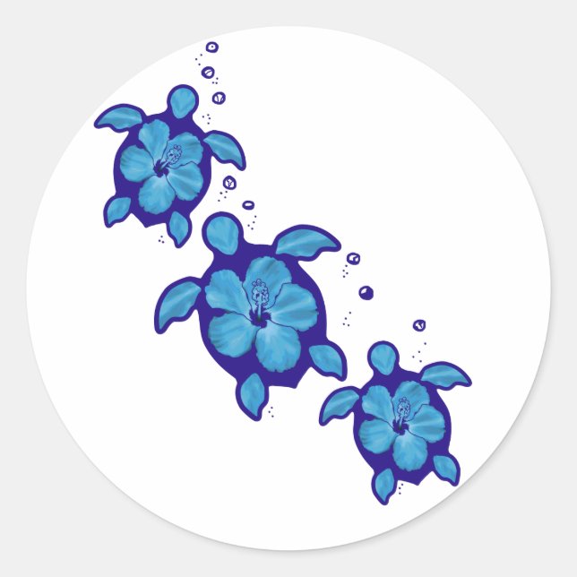 Sticker Rond 3 Tortues Honu Bleues (Devant)