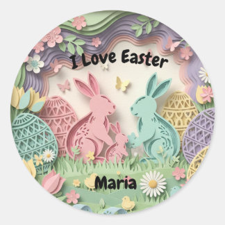 Sticker Rond 3D Paper Cut Easter Bunny & Eggs Personalized