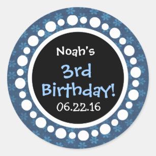 Sticker Rond 3ème Fleurs et pois bleus de fête d'anniversaire