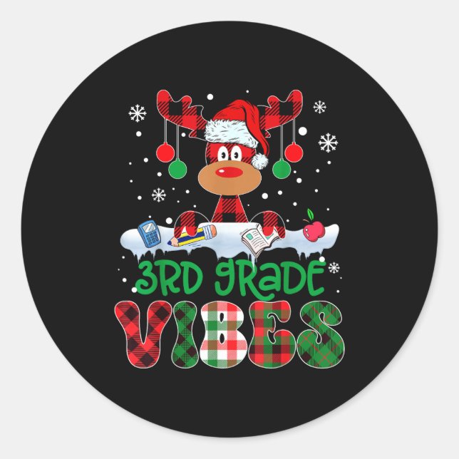 Sticker Rond 3rd Grade Vibes Teacher Buffalo Red Plaid Reindeer (Devant)