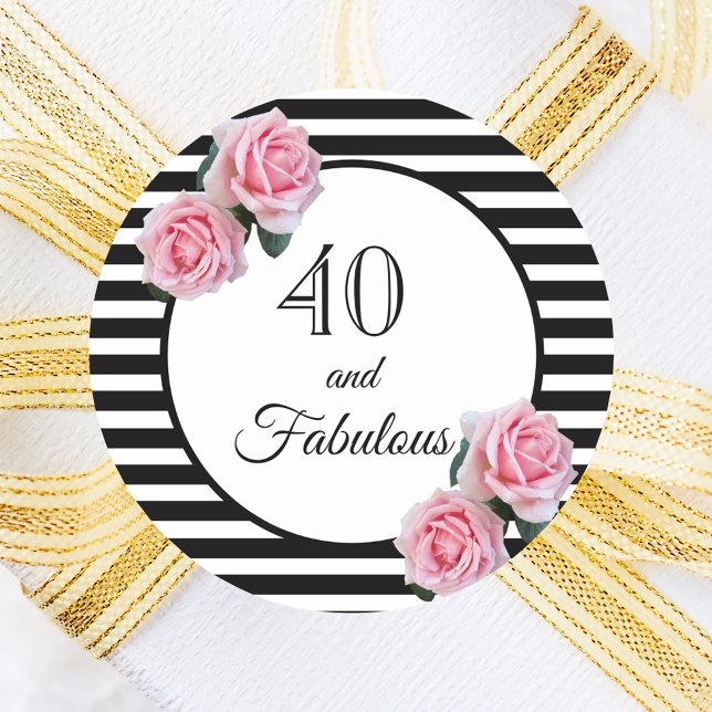 Sticker Rond 40 fabuleux anniversaire noir rayures rose florale (Créateur téléchargé)