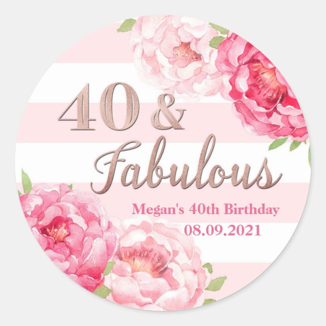 Sticker Rond 40 & Fabuleux Anniversaire Rose Rose Or Floral (Devant)
