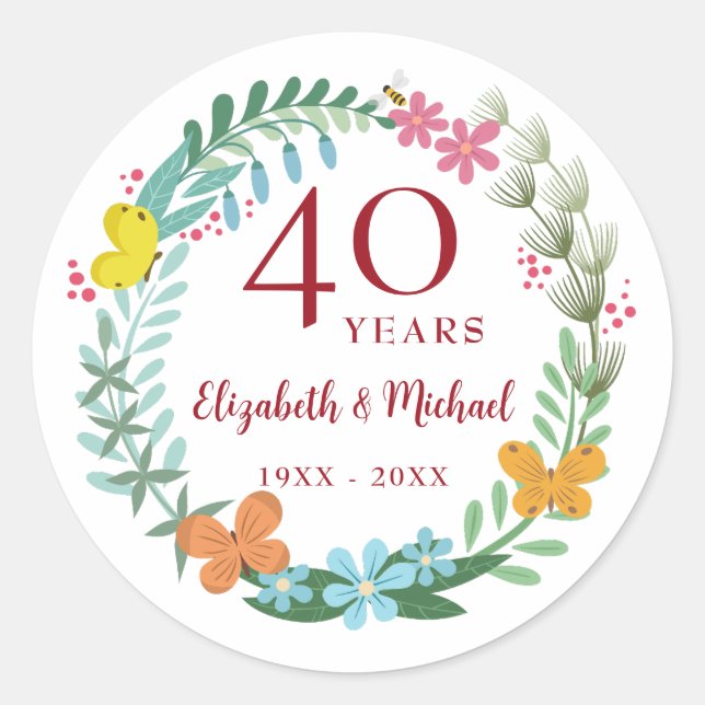 Sticker Rond 40e Anniversaire de Mariage Rubis Papillon Floral (Devant)