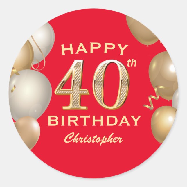 Sticker Rond 40e Anniversaire des Ballons Rouge et Or (Devant)