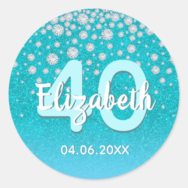 Sticker Rond 40e anniversaire diamants parties scintillant bleu (Devant)