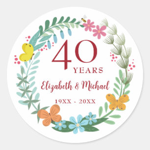Sticker Rond 40e anniversaire du Mariage rubis papillon floral
