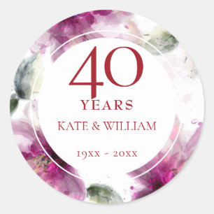 Sticker Rond 40e anniversaire du Mariage Ruby Aquarelle Florale
