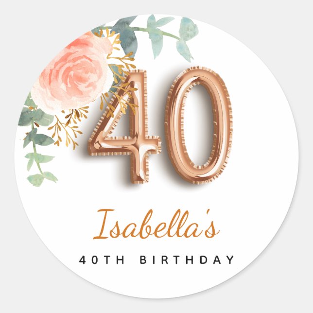 Sticker Rond 40e anniversaire floral rose or eucalyptus monogra (Devant)