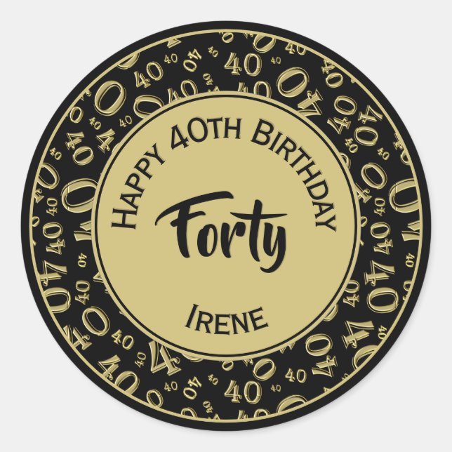 Sticker Rond 40e anniversaire Numéro 40 Motif Or et noir (Devant)