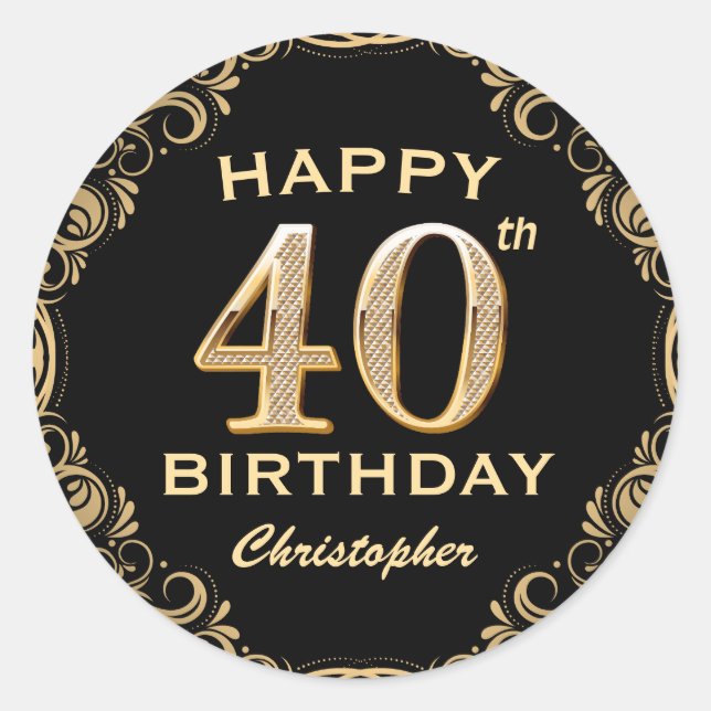 Sticker Rond 40e anniversaire Parties scintillant noir et or ca (Devant)