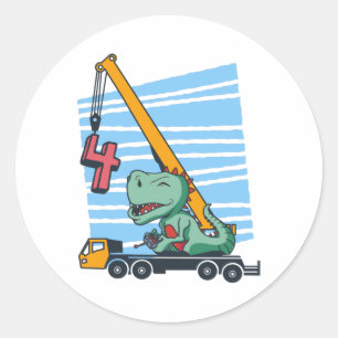 Sticker Rond 4 ans 4Anniversaire grue mobile Dinosaur