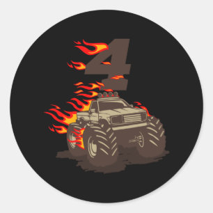 Sticker Rond 4 BISTHDAY MONSTER TRUCK 4th Birthday Boy Truck