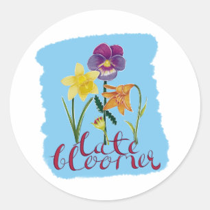 Sticker Rond 4 fleurs de printemps et d'été avec texte fantaisi