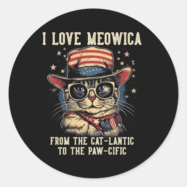 Sticker Rond 4 Juillet Chat I Love Meowica Chat Patriotique (Devant)
