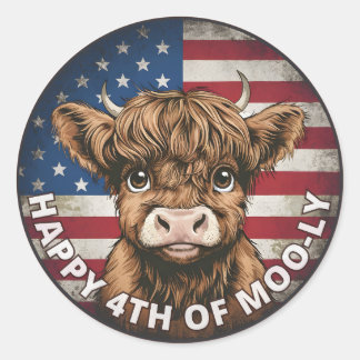 Sticker Rond 4 juillet Fête de l'Indépendance Highland Cow Circ