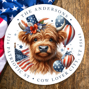 Sticker Rond 4 juillet Highland Cow Patriotique Adresse de reto