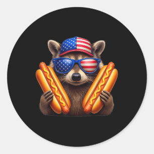Sticker Rond 4 juillet Hotdog Funny Raccoon Patriotique Cute Us