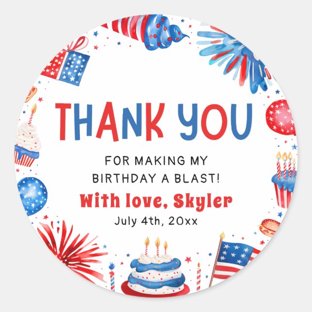 Sticker Rond 4 juillet Rouge Blanc Bleu Merci d'anniversaire (Devant)