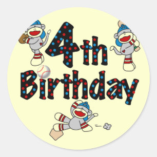 Sticker Rond 4e anniversaire de baseball de singe de soq