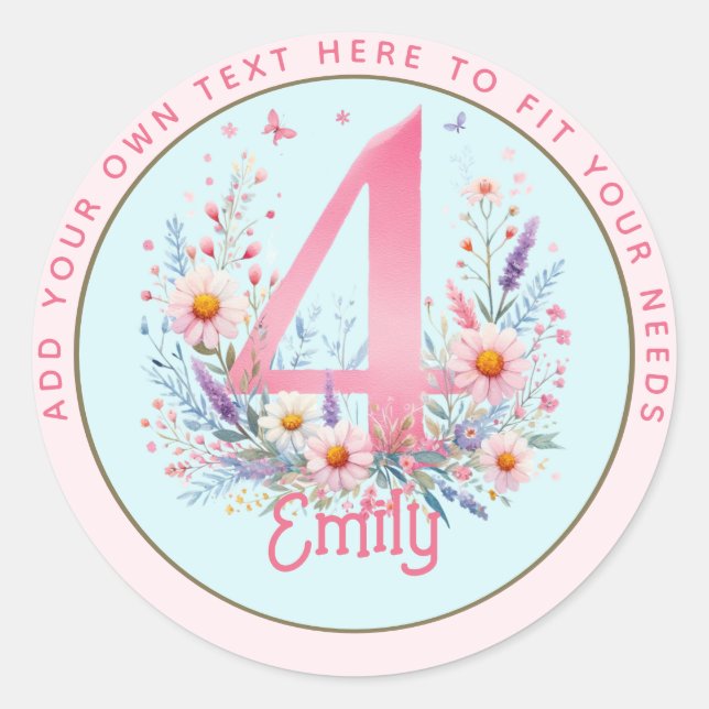 Sticker Rond 4e anniversaire Fairy Floral Pink Princess Fairyta (Devant)
