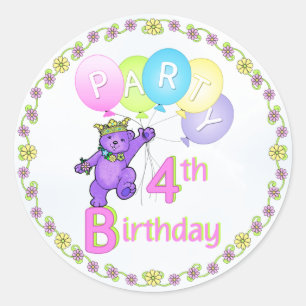 Sticker Rond 4ème Princesse Balloons d'ours d'anniversaire
