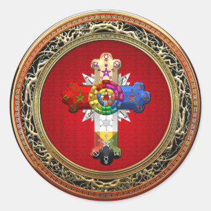 Sticker Rond [500] Rosy Cross (Croix Rose) sur Red & Gold