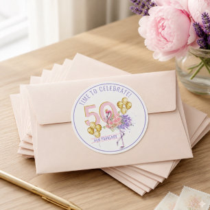 Sticker Rond 50 ans et Fabuleux Flamant Rose Floral