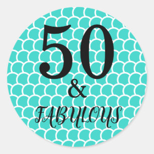 Sticker Rond 50 Et Fabuleuse Fête D'Anniversaire Mermaid Turqu