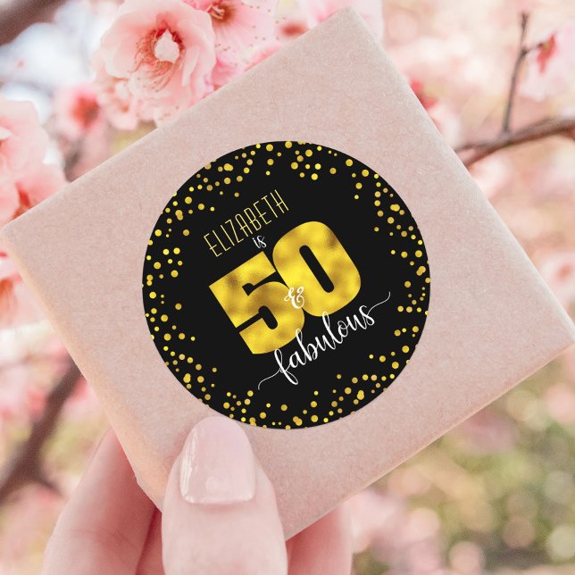 Sticker Rond 50 et fabuleux anniversaire chic feuille d'or poin (Créateur téléchargé)