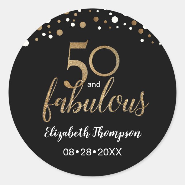 Sticker Rond 50 et fabuleux or noir confetti 50e anniversaire (Devant)