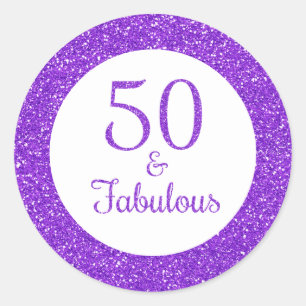 Sticker Rond 50 & Fabuleux anniversaire Sparkly Purple Parties 