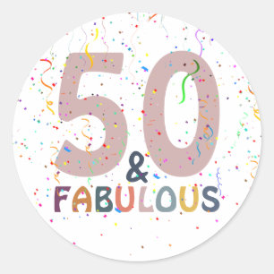 Sticker Rond 50 & Fabuleux Fun Confetti Pink Typographie tendan