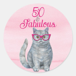 Sticker Rond 50 & Fabulous Chat, rose et gris, 50e anniversaire