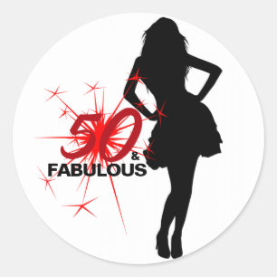 Sticker Rond 50 & FABULOUS Élégant 50e anniversaire Rouge & Noi