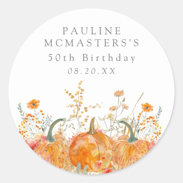 Sticker Rond 50e anniversaire Citrouille Fleur sauvage personna (Devant)