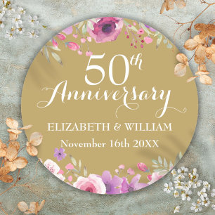 Sticker Rond 50e anniversaire de Mariage d'or Roses d'aquarelle