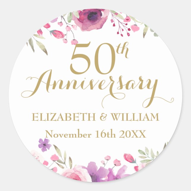 Sticker Rond 50e anniversaire du Mariage Aquarelle Florale (Devant)