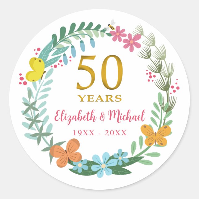 Sticker Rond 50e anniversaire du Mariage Papillon floral d'or (Devant)