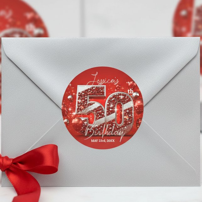 Sticker Rond 50e anniversaire élégant scintillant rouge et arge (Créateur téléchargé)