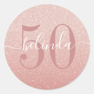 Sticker Rond 50e Anniversaire Féminin Rose Gold Blush Rose Mono