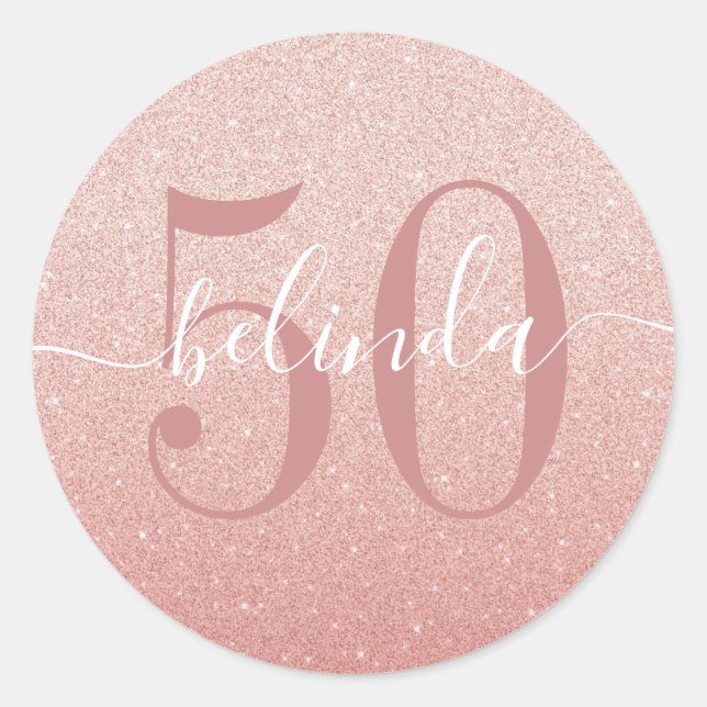 Sticker Rond 50e anniversaire fille Rose or bleu rose Monogramm (Devant)