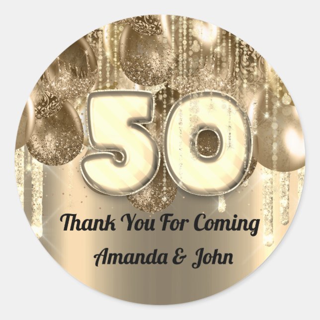 Sticker Rond 50e anniversaire GOLD BALLONS Merci pour venir (Devant)