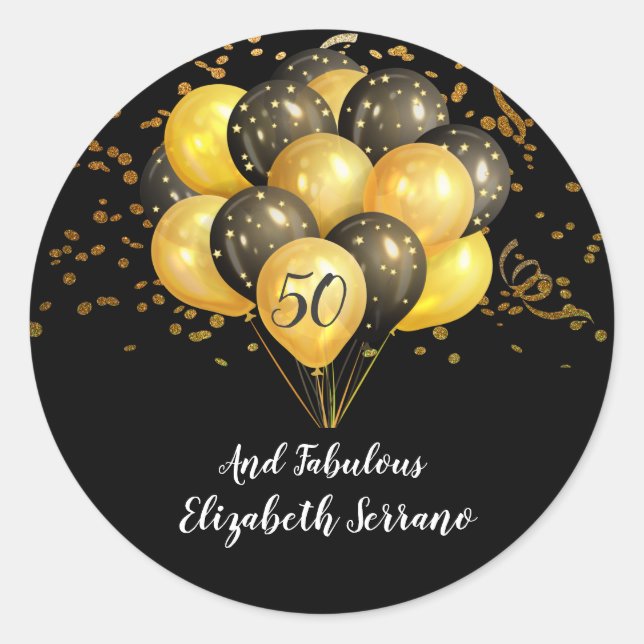 Sticker Rond 50e anniversaire Gold & Black Balloons sur noir (Devant)